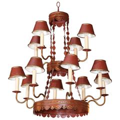 Twelve-Light Red Tole and Gold Chandelier with Matching Lampshades