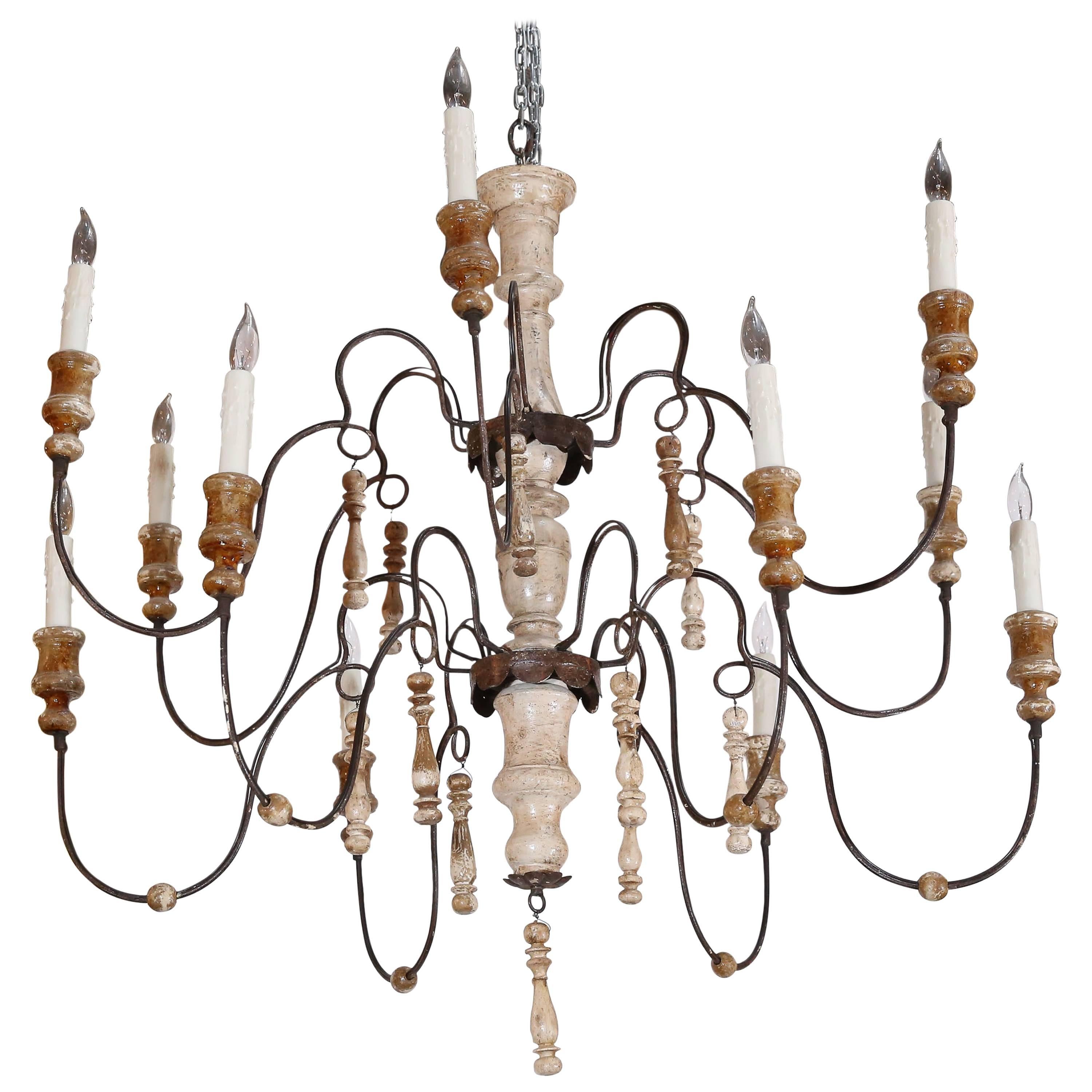 Twelve-Light Two-Tiered Painted Swedish Chandelier For Sale