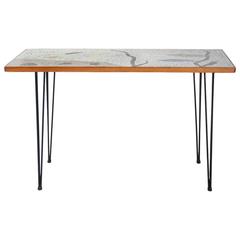 Italian Centre Table, Wooden Top with Porcelain and Ceramic Tiles, Fish Motif