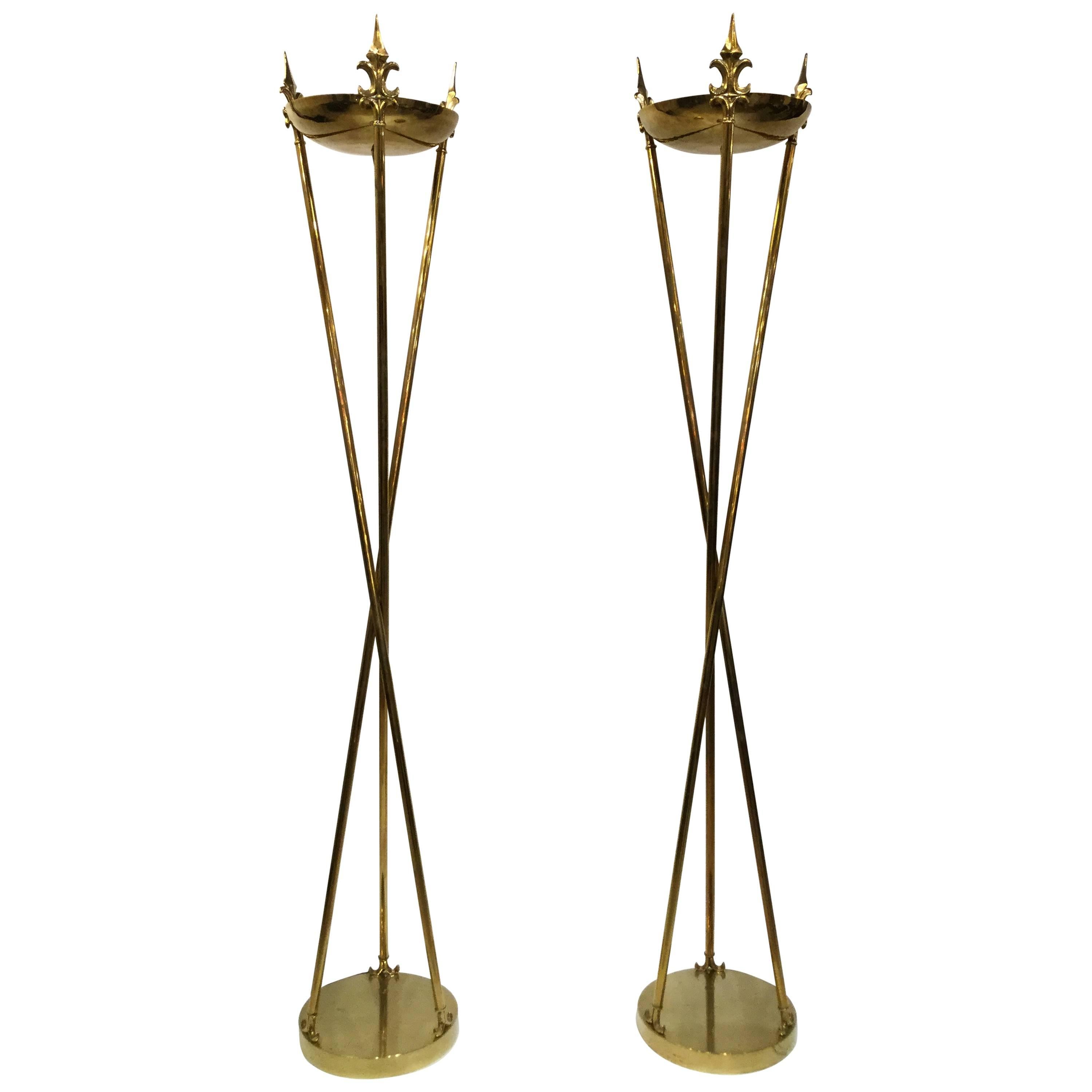 1960 Italian Pair of Monumental Brass Floor Lamps