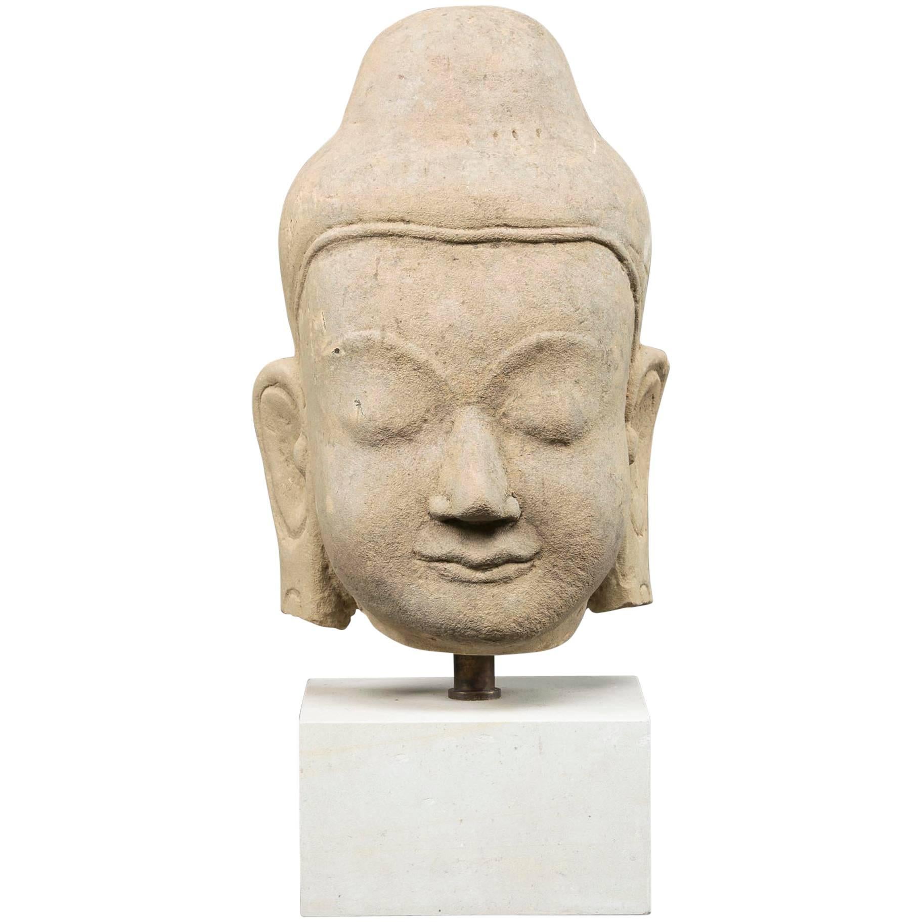 Sandstone Buddha Head on Newer Base of Marble