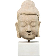 Sandstone Buddha Head on Newer Base of Marble