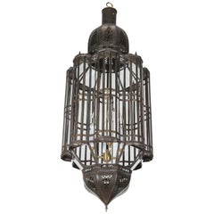 Large-Scale Moroccan Moorish Pendant Chandelier, Metal and Clear Glass