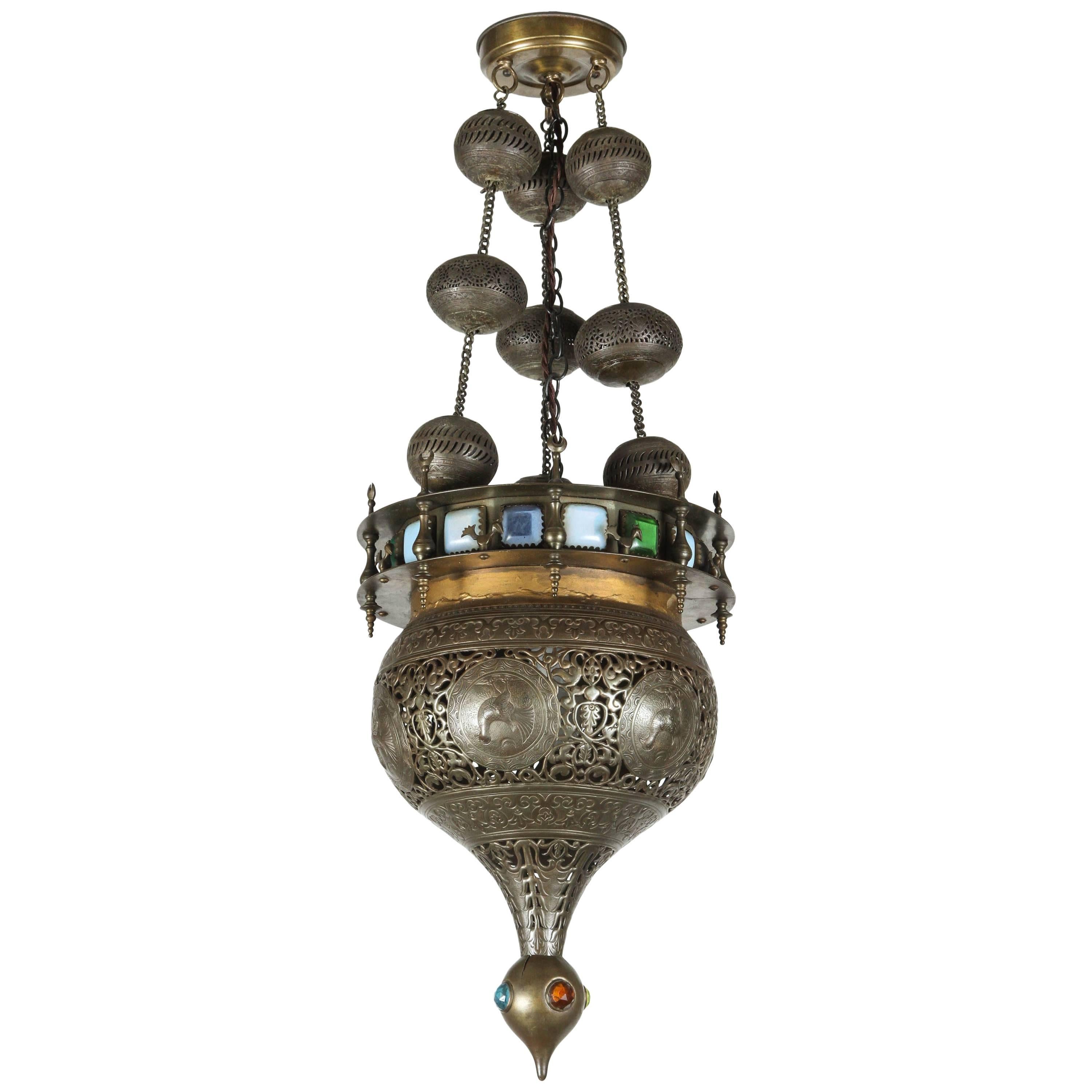 Moorish Brass Light Fixture Chandelier with Glass Panels