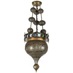 Antique Moorish Brass Light Fixture Chandelier with Glass Panels