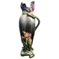 Pretty Antique Handmade Hand Glazed Ceramic Iris Vase in Green Blue Tones