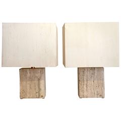 Large Pair, Vintage 1970s Travertine Table Lamps, Rectangular Matching Shades