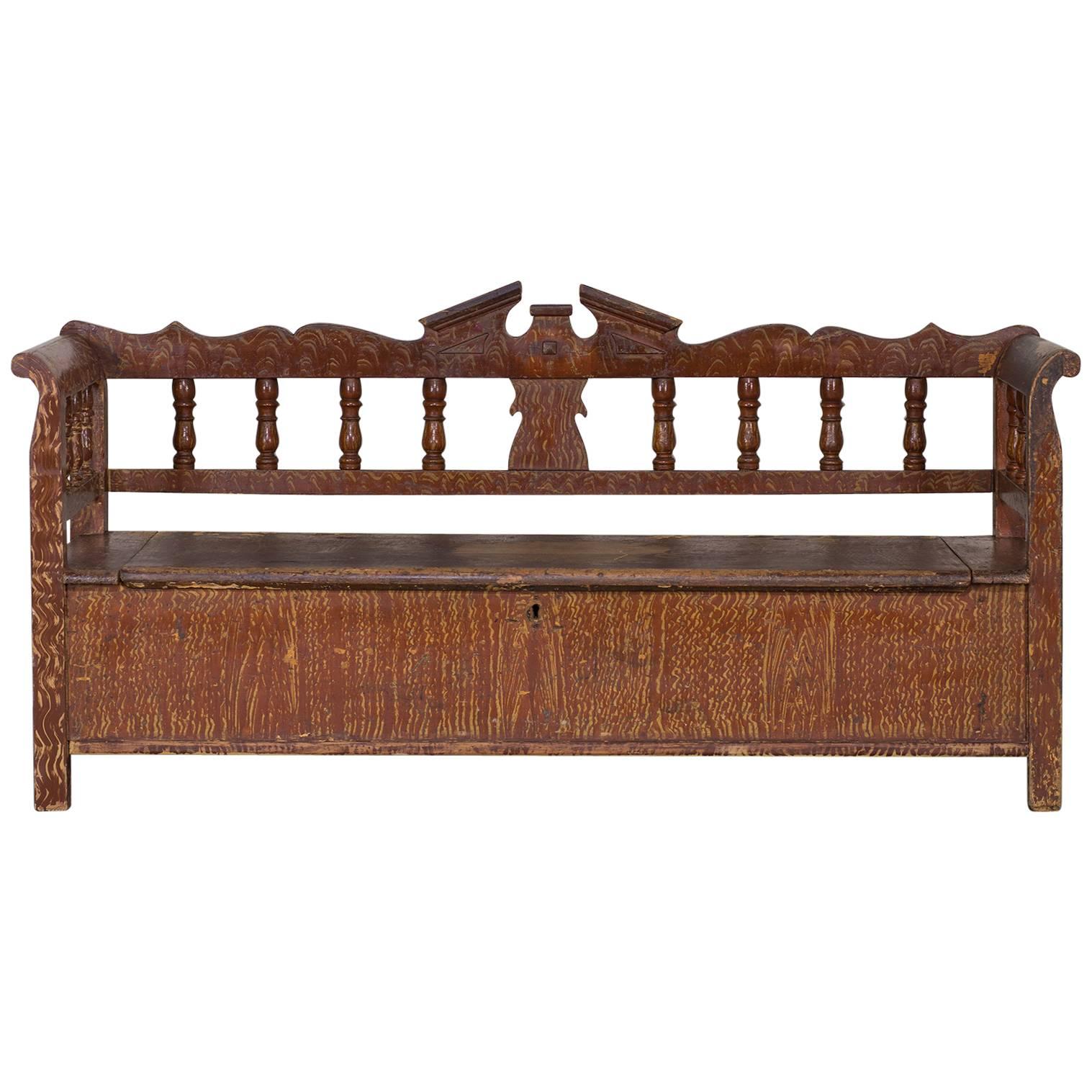 Hungarian Romanian Antique Painted Pine Bench, circa 1875 For Sale