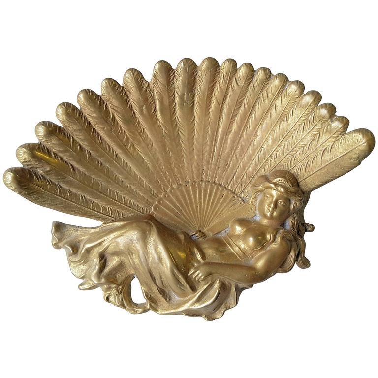 Art Nouveau Lady with a Peacock Fan, Brass Vanity/Pin Tray For Sale at 1stdibs