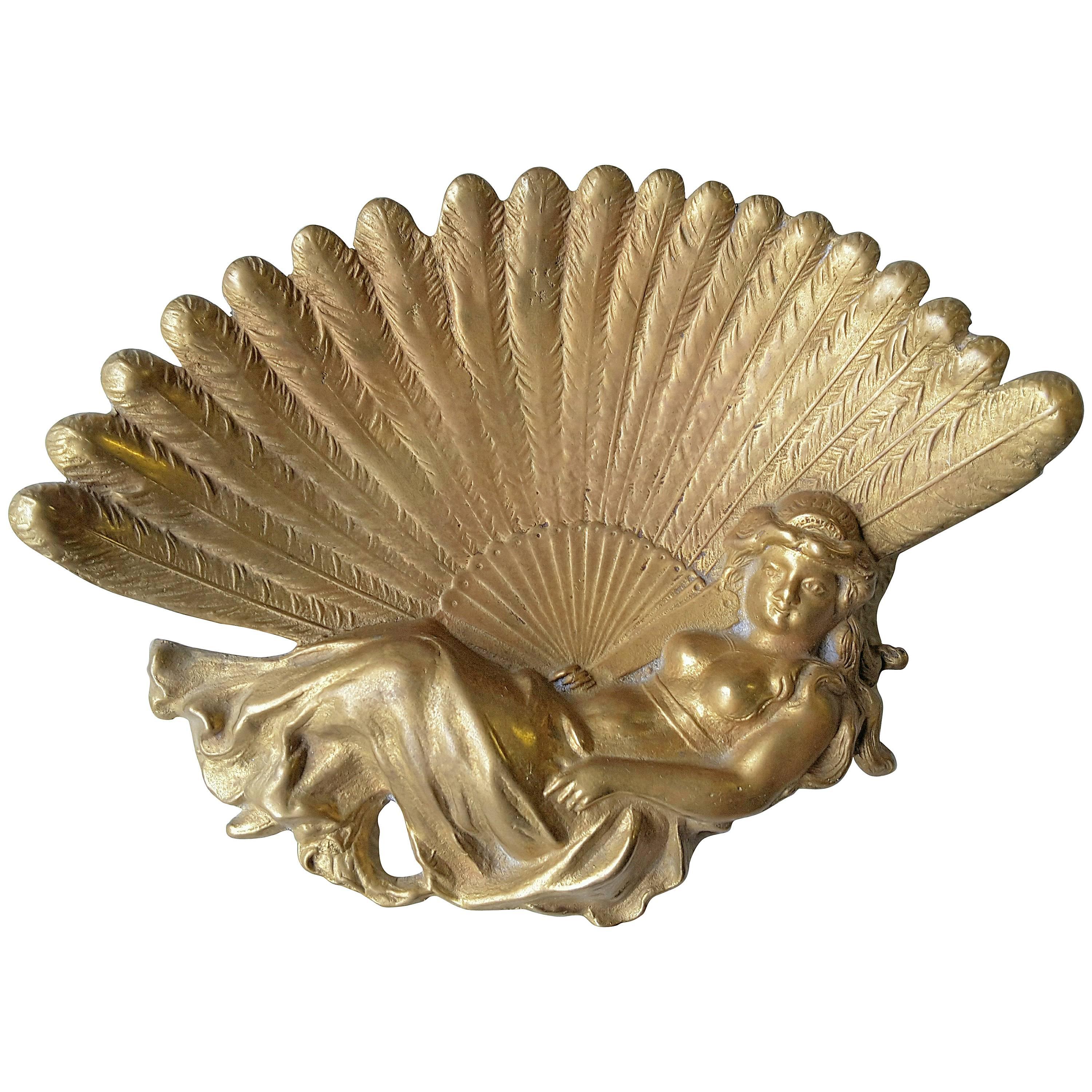 Art Nouveau Lady with a Peacock Fan, Brass Vanity/Pin Tray For Sale