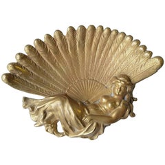 Vintage Art Nouveau Lady with a Peacock Fan, Brass Vanity/Pin Tray