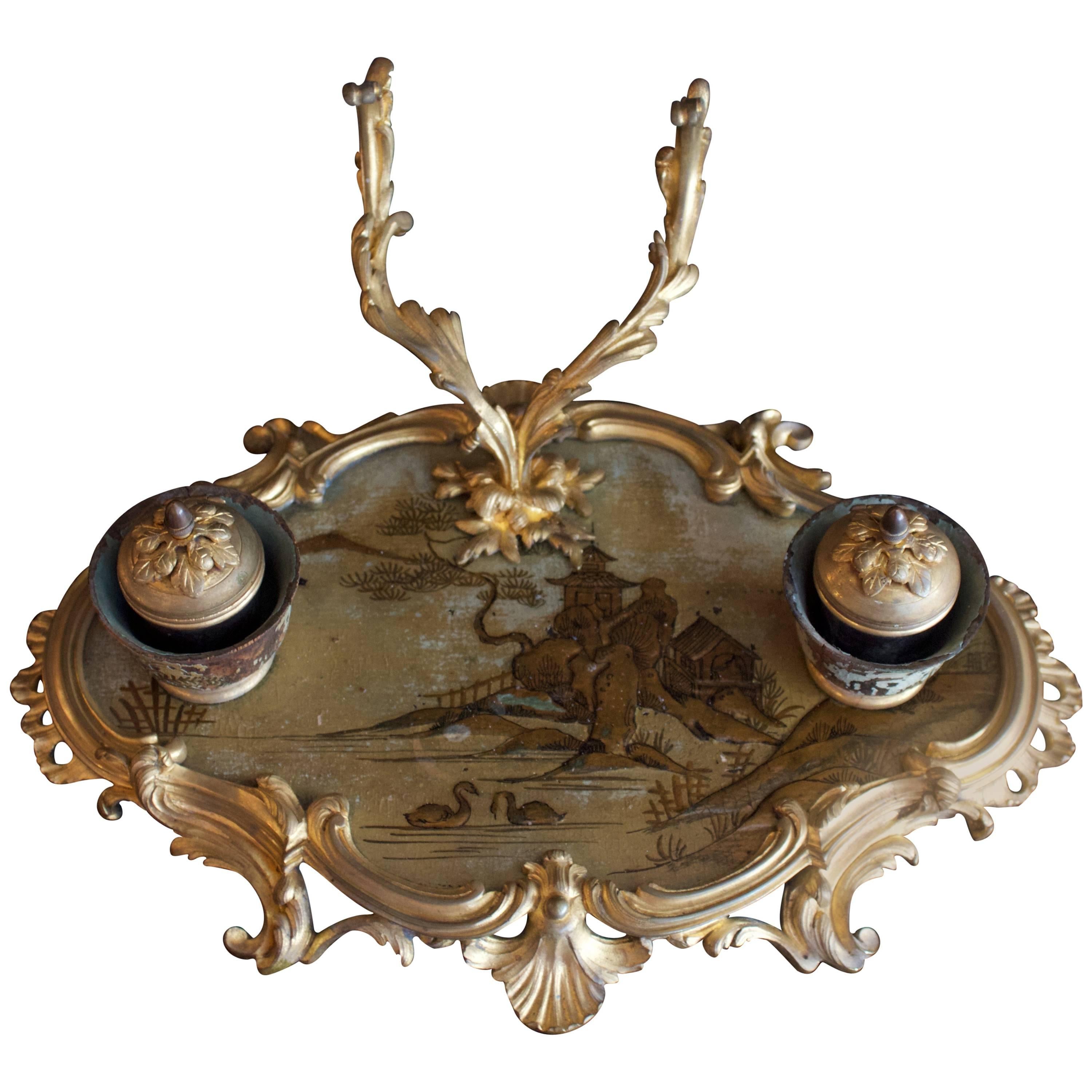 Fine French 18th Century Inkstand in Bronze Doré and Chinoiserie Lacquered Tray For Sale