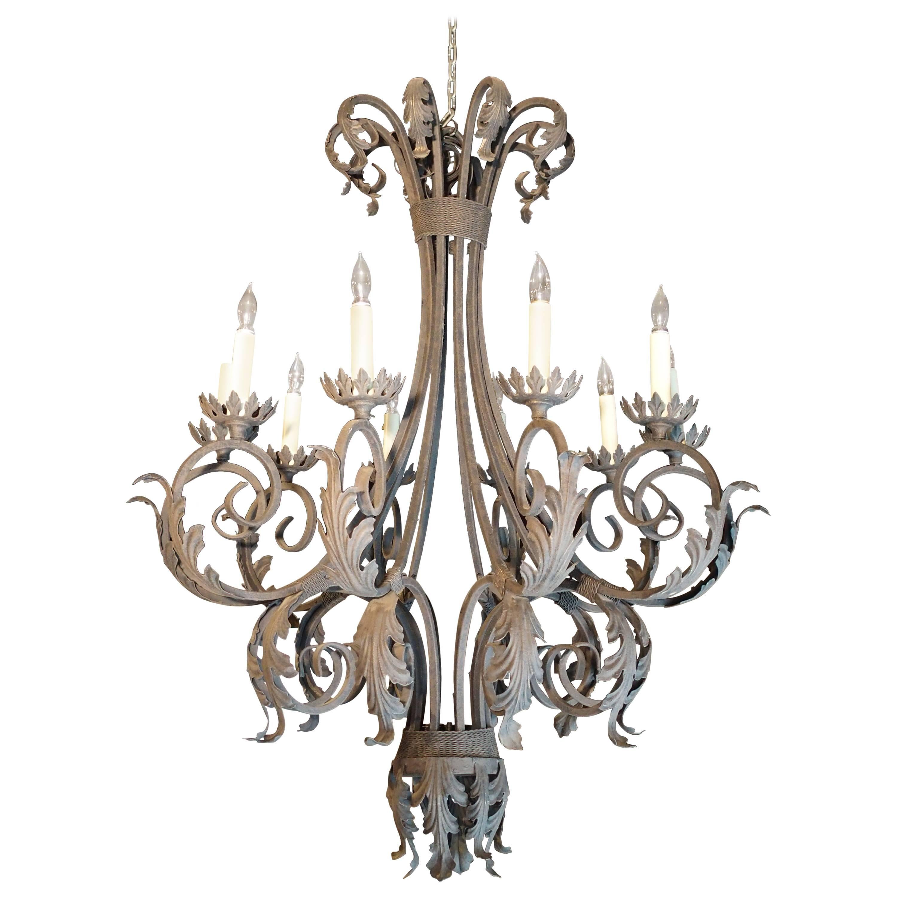 Large Painted Iron Acanthus Leaf Chandelier from France