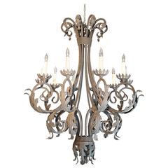 Vintage Large Painted Iron Acanthus Leaf Chandelier from France