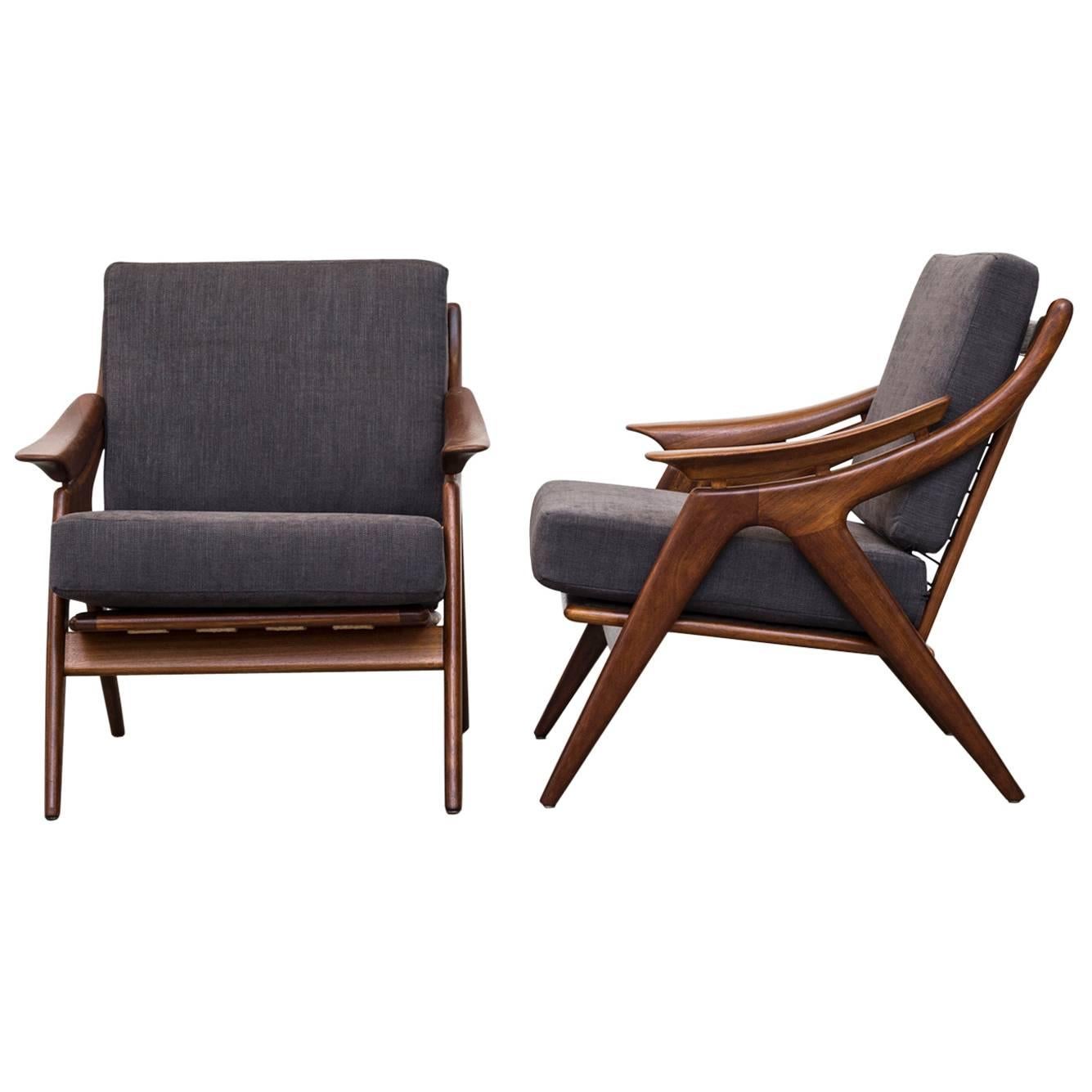 Pair of Mid-Century Organic Carved Teak Lounge Chair by De Ster