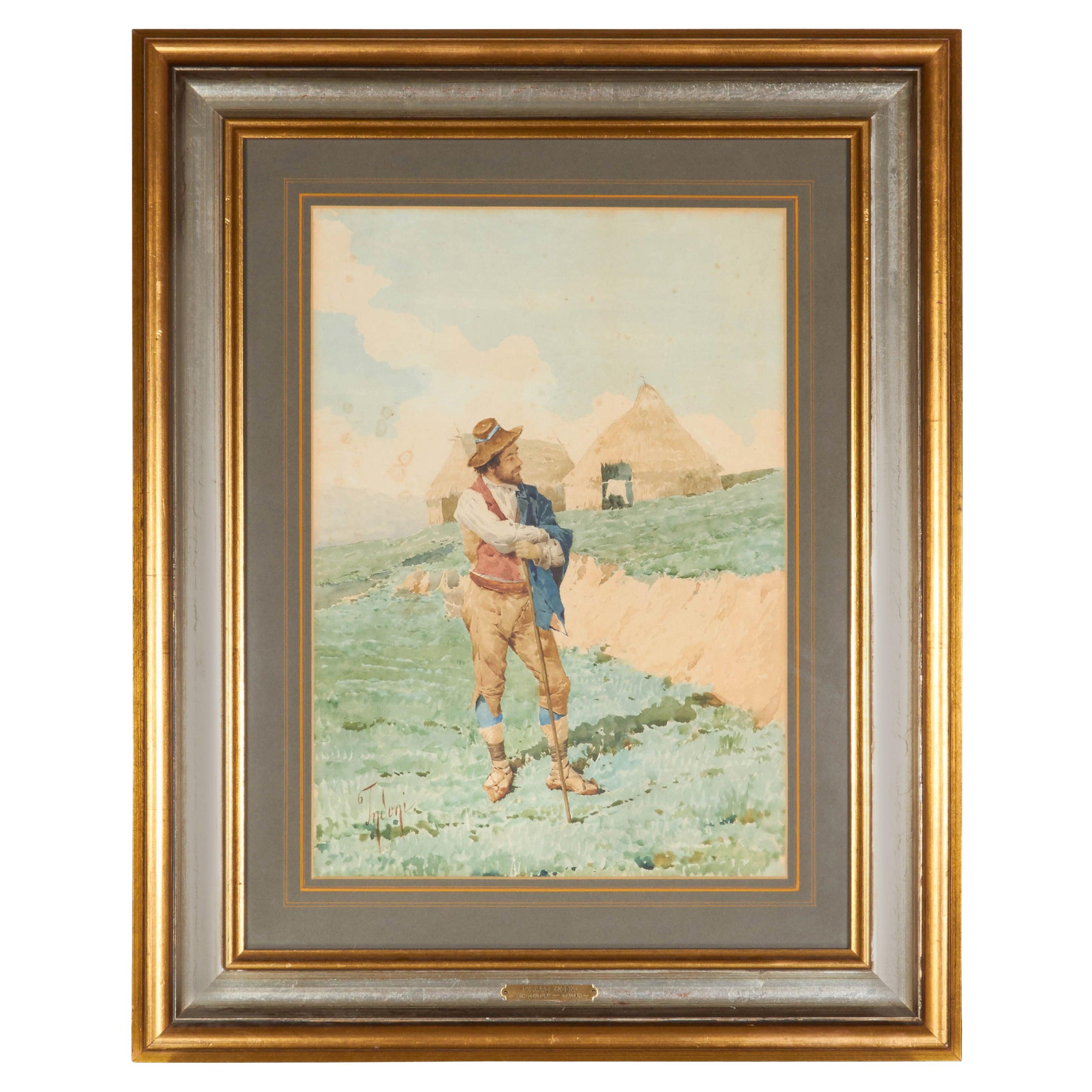 Filippo Indoni (1842-1908) Aquarelle d'un jeune homme campagnard avec un bâton de marche en vente