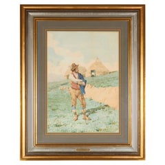 Filippo Indoni (1842-1908) Acquerello di giovane uomo di campagna con bastone da passeggio