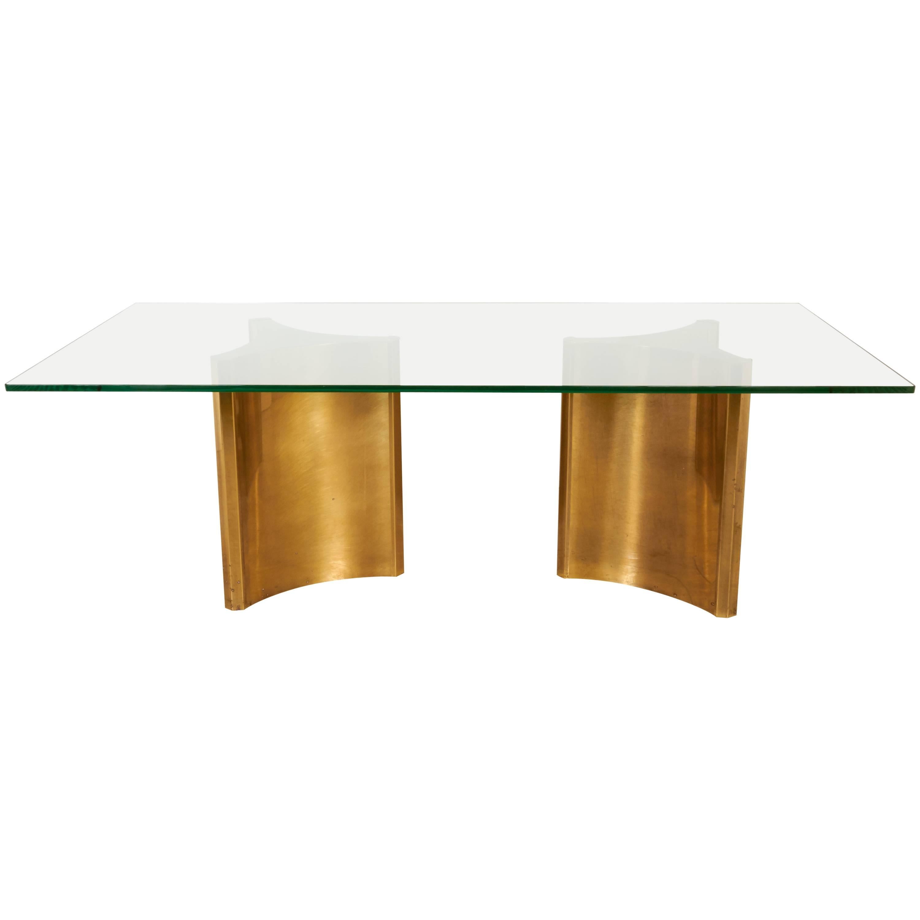 Double Brass Pedestal Dining Table by Mastercraft For Sale