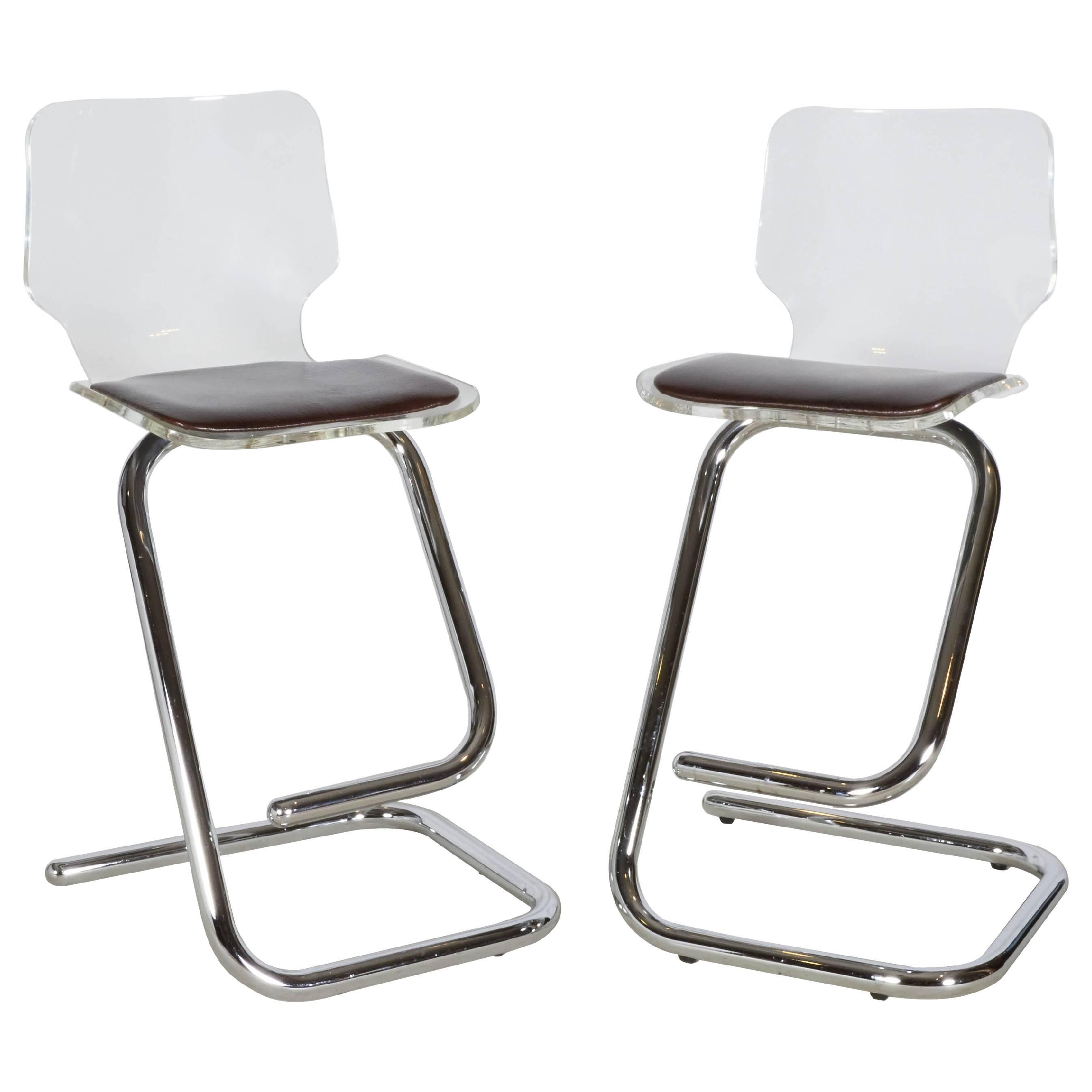 Pair of Italian Lucite and Chrome Bar Stools For Sale