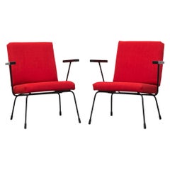 Pareja de sillones rojos recién tapizados Wim Rietveld "1401" para Gispen