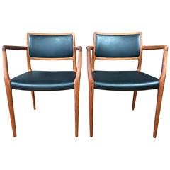 Pair of Teak and Leather Model 65 Dining Chairs by Niels Møller