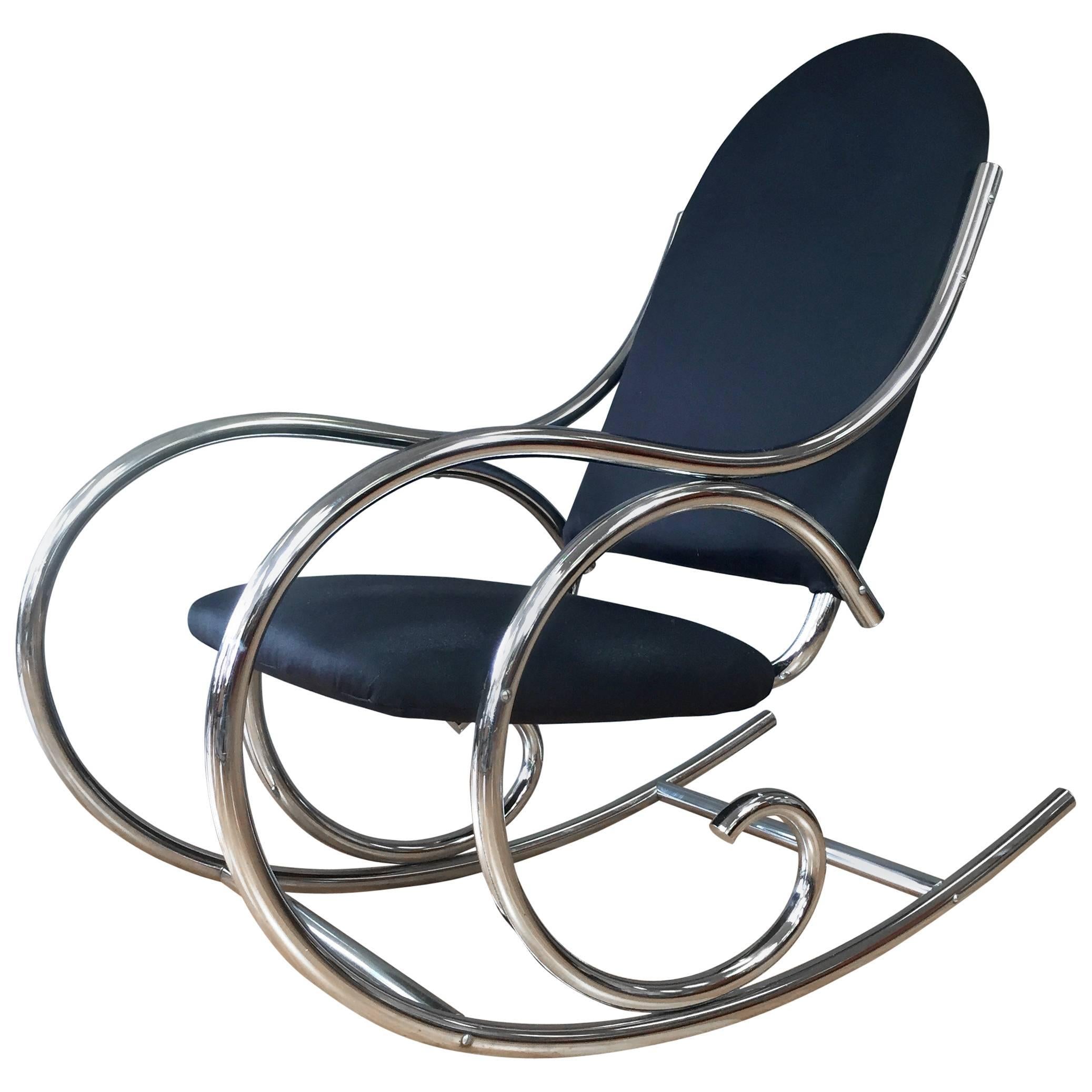 Curvaceous Upholstered Chrome Rocking Chair in the Style of Thonet For ...