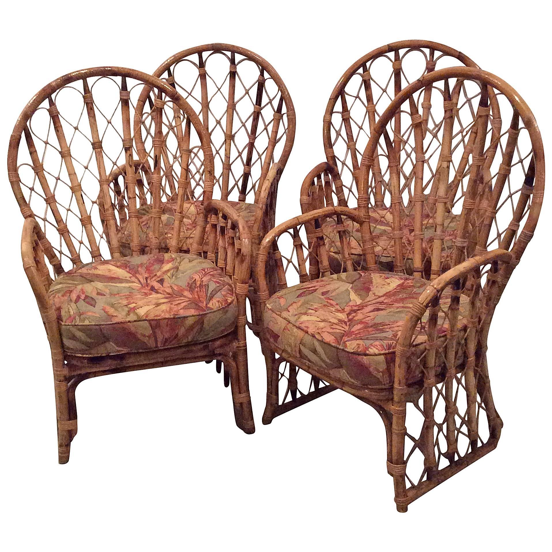 Rattan Wicker Arm Dining Chairs Vintage Set of 4 Faux Bamboo Palm Beach Patio