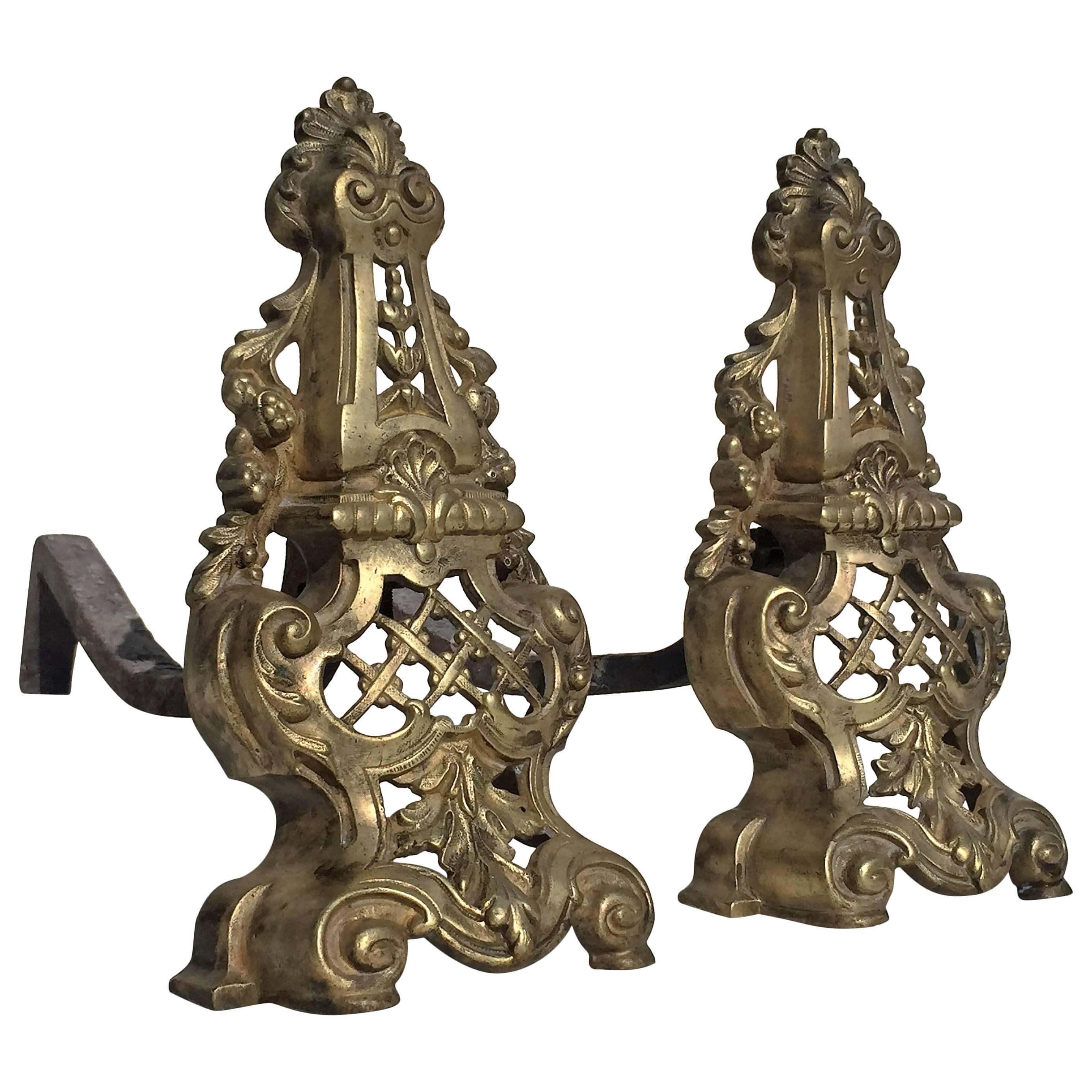 French Louis XV Rococo Style 19th Century Bronze Andirons, Fire Dogs For Sale