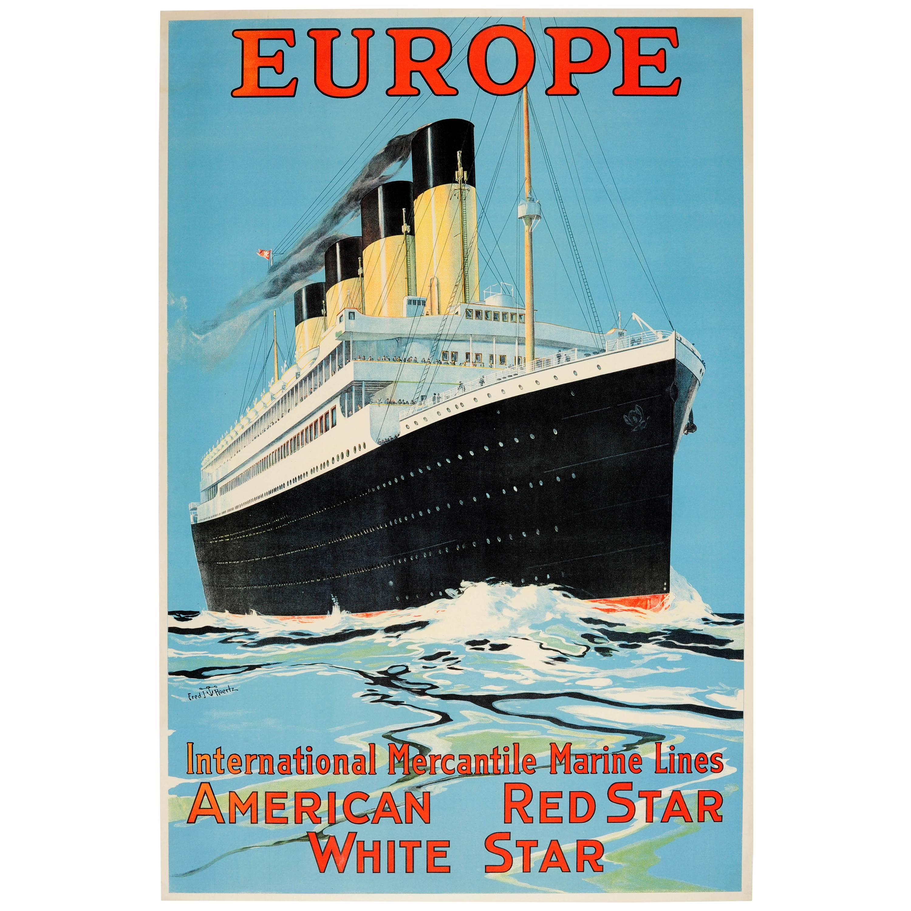 Original 1910s Cruise Ship Poster, Europe IMM Lines American Red Star White Star
