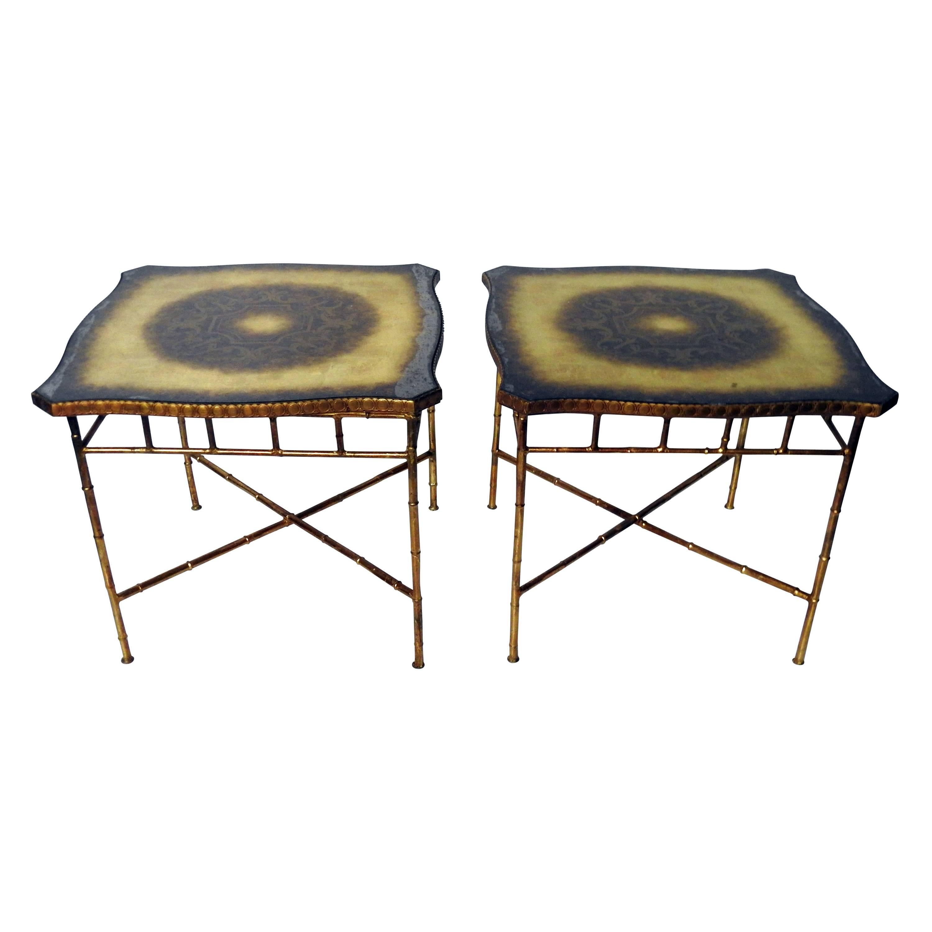 Pair of Hollywood Regency Style Faux Bamboo End Tables For Sale