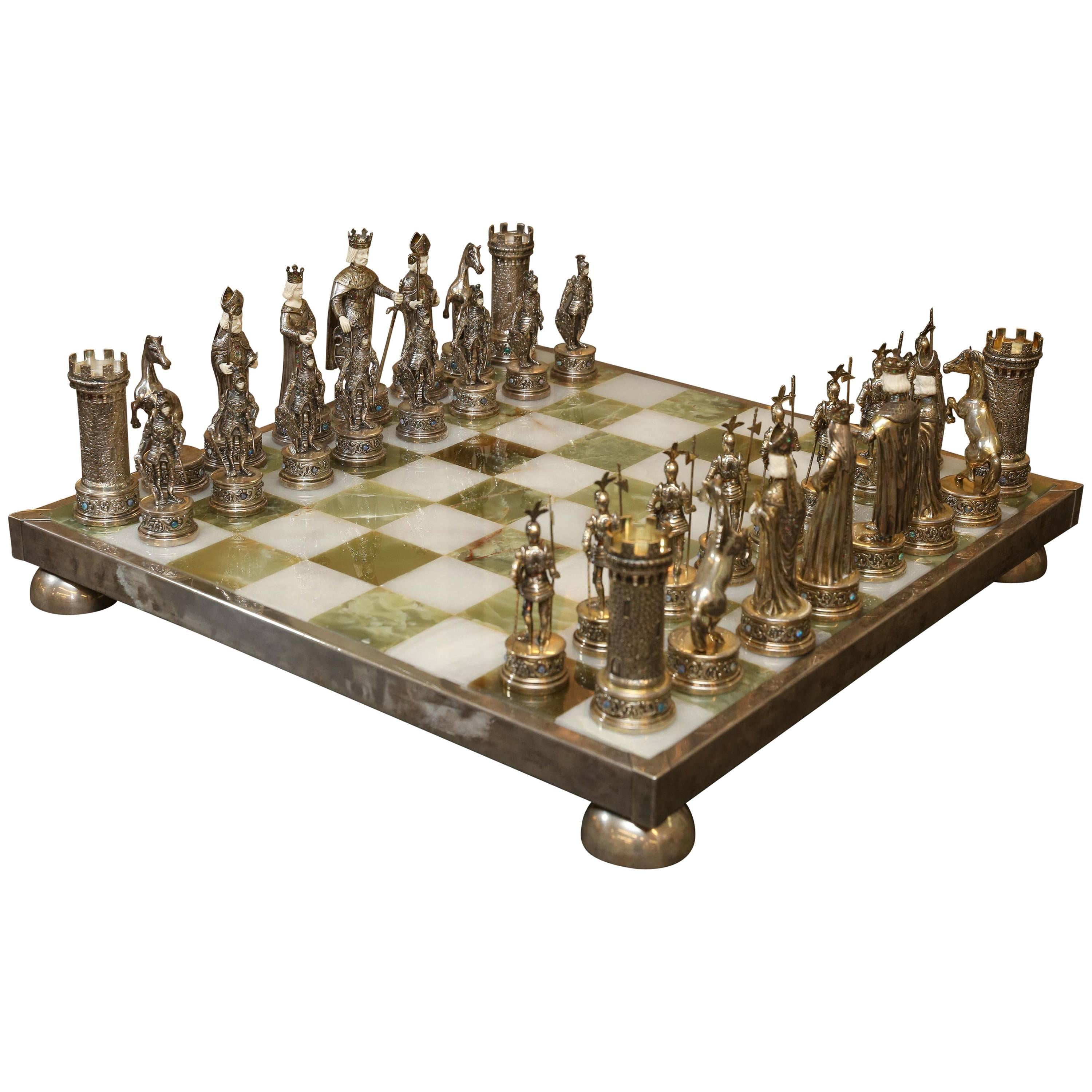 German Jewel-Encrusted Sterling Silver Chess Set