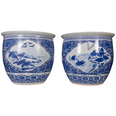 Antique Large Pair of Chinese Blue and White Porcelain Planters/Fishbowls/Jardinière