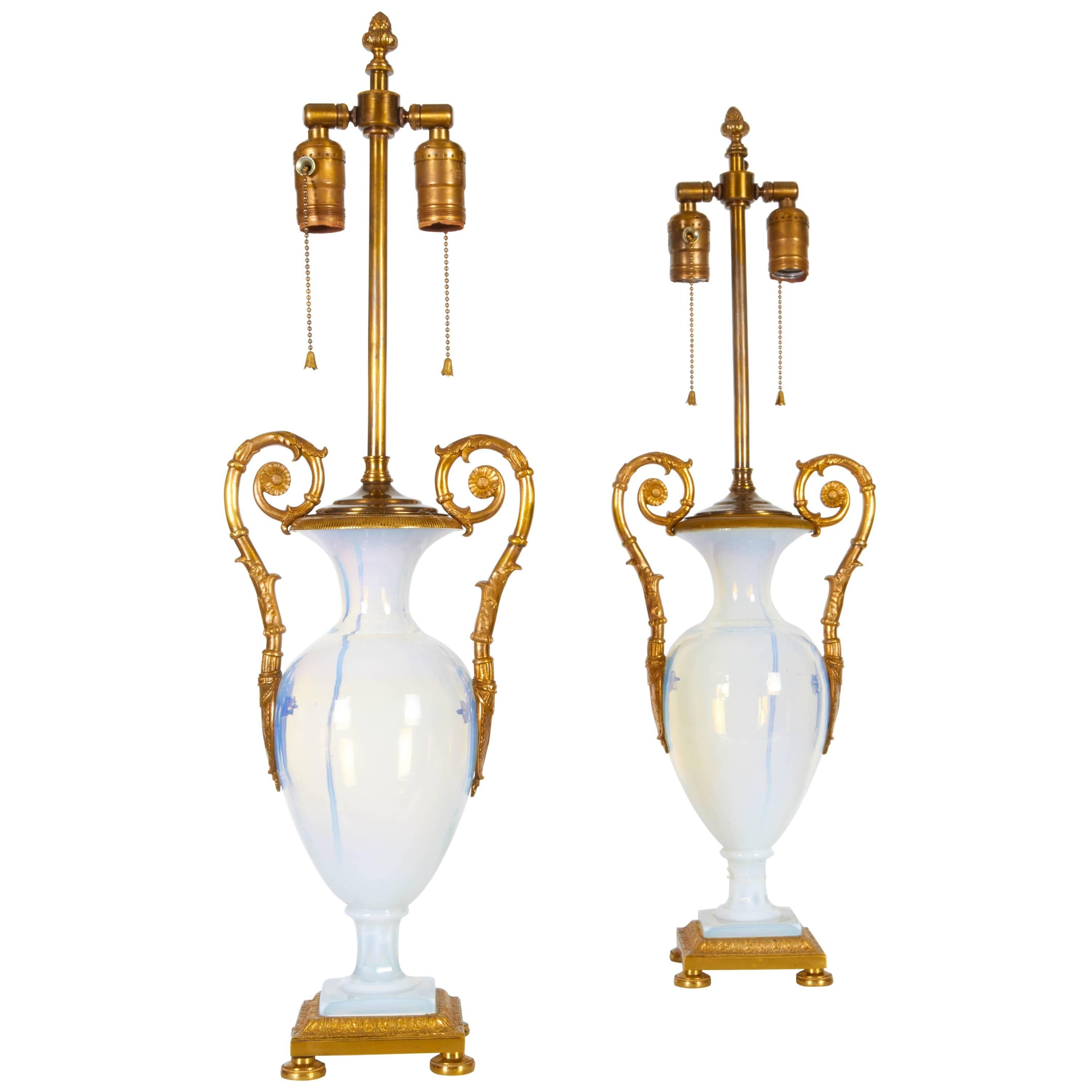 Pair Antique Russian Neoclassical Period White Opalescent and Ormolu Vases/Lamps For Sale