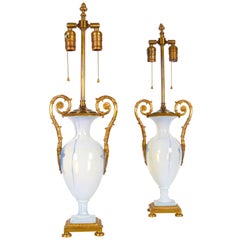 Pair Antique Russian Neoclassical Period White Opalescent and Ormolu Vases/Lamps