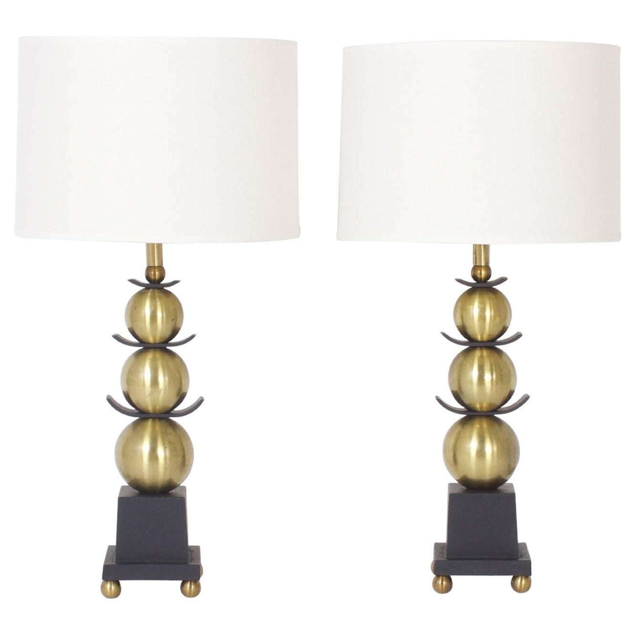 Pair of Mid-Century Brass Stacked Ball Table Lamps For Sale