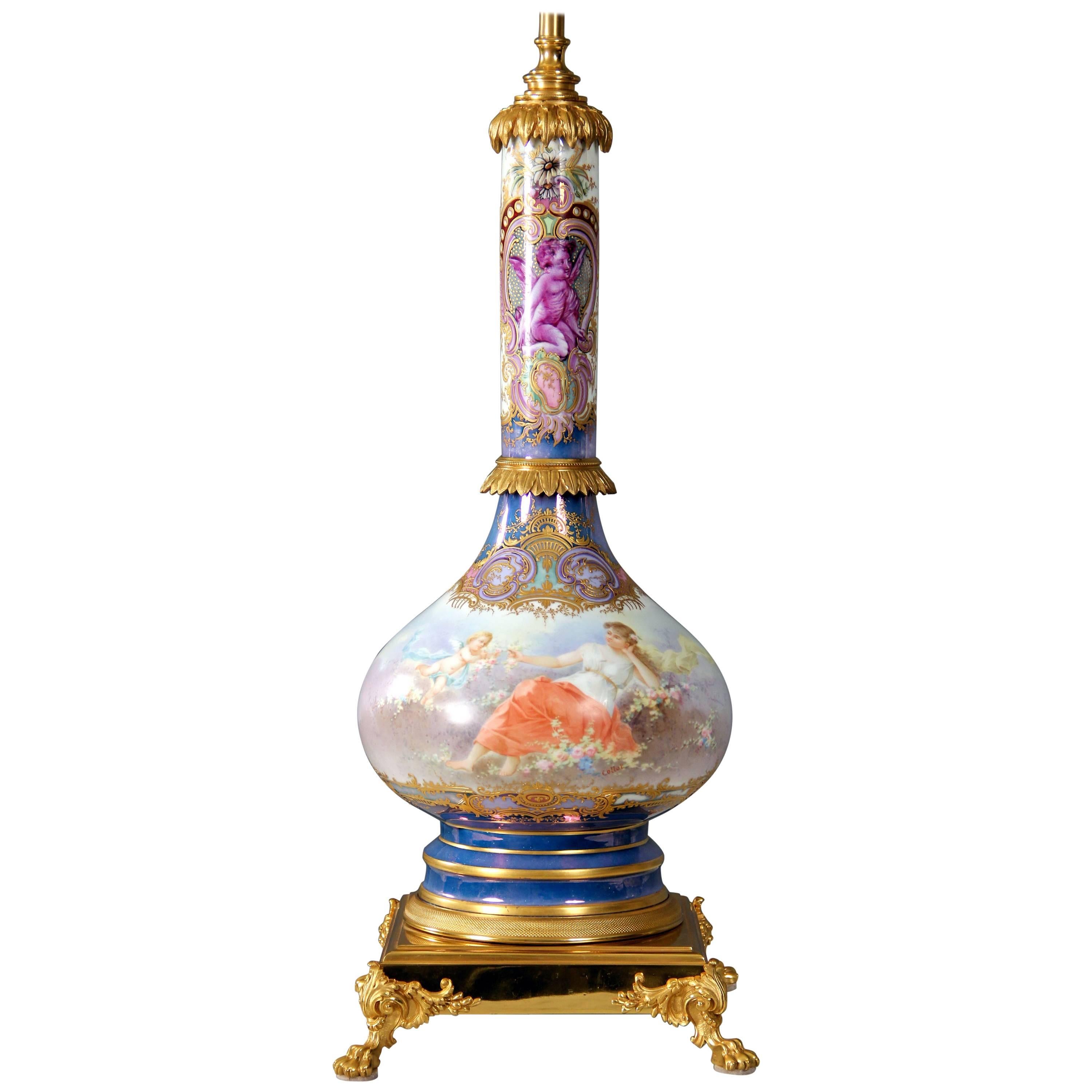 Beautiful Late 19th Century Gilt Bronze-Mounted Sèvres Style Porcelain Lamp For Sale