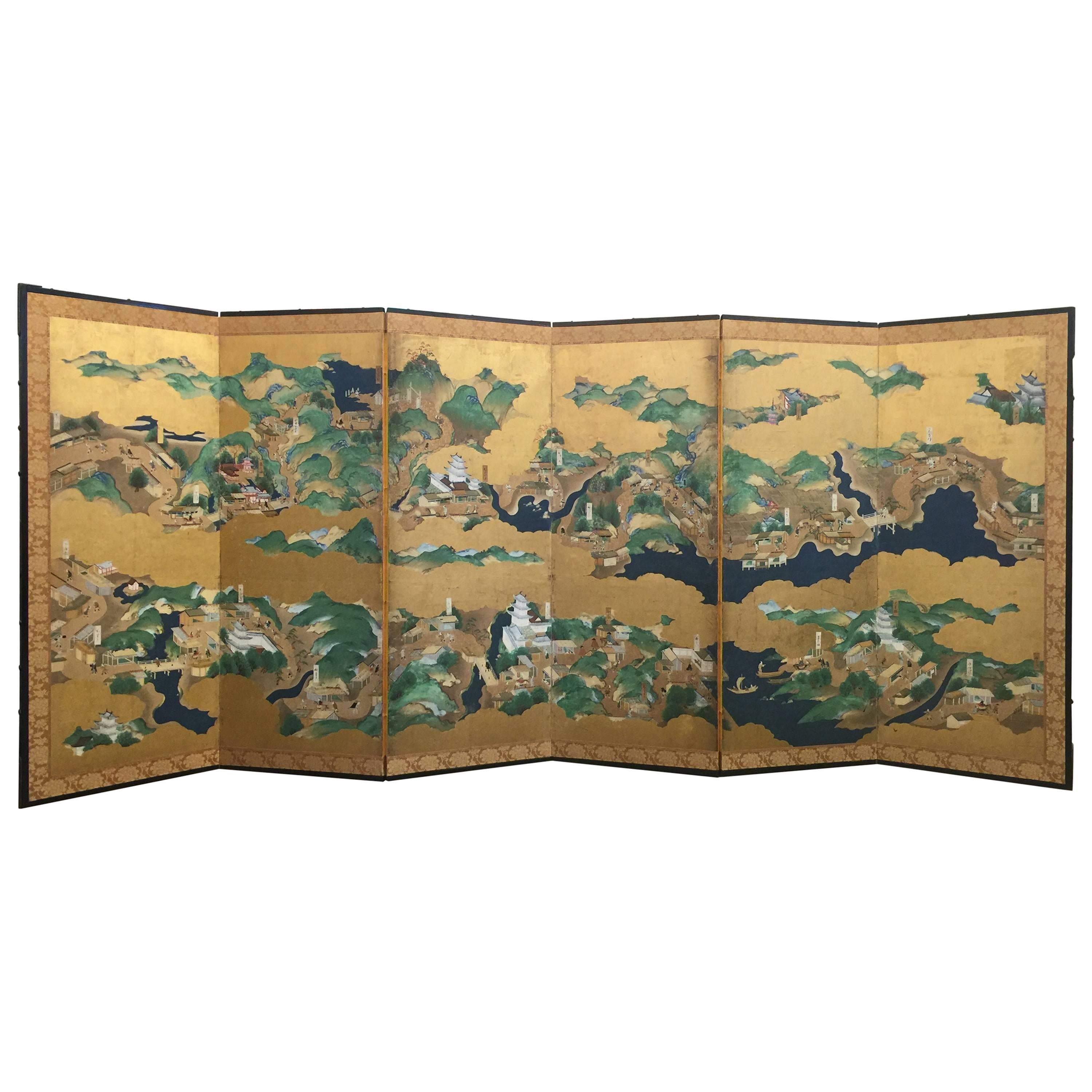 Late 18th-19th century Japanese Screen, Byobu, Scenes from Kyoto to Tokyo