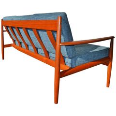 Retro Restored Grete Jalk Teak Frame Sofa Teal Tweed for France and Sons