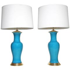 Vintage Pair of Turquoise Blue Ceramic Lamps with Water Gilt Wood Bases