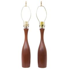 Pair of 1950s Danish Bowling Pin Shape Teak Table Lamps