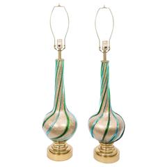 Pair of Murano Gold Flecks and Spiral Ribbed Table Lamps