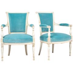 French Antique Directoire Style Pair of Velvet Armchairs