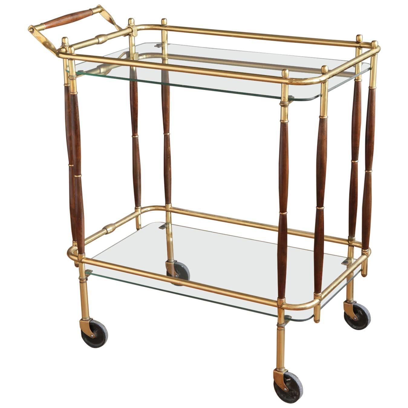 Italian Brass and Walnut Bar Cart in the Style of Cesare Lacca