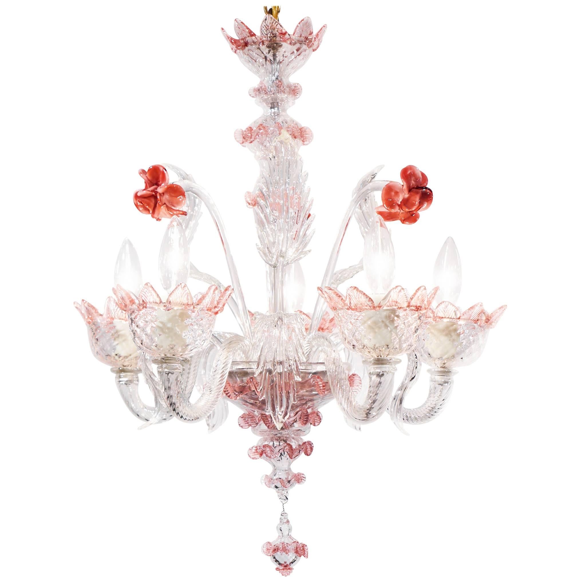 Murano Glass Crystal and Pink Rose Chandelier