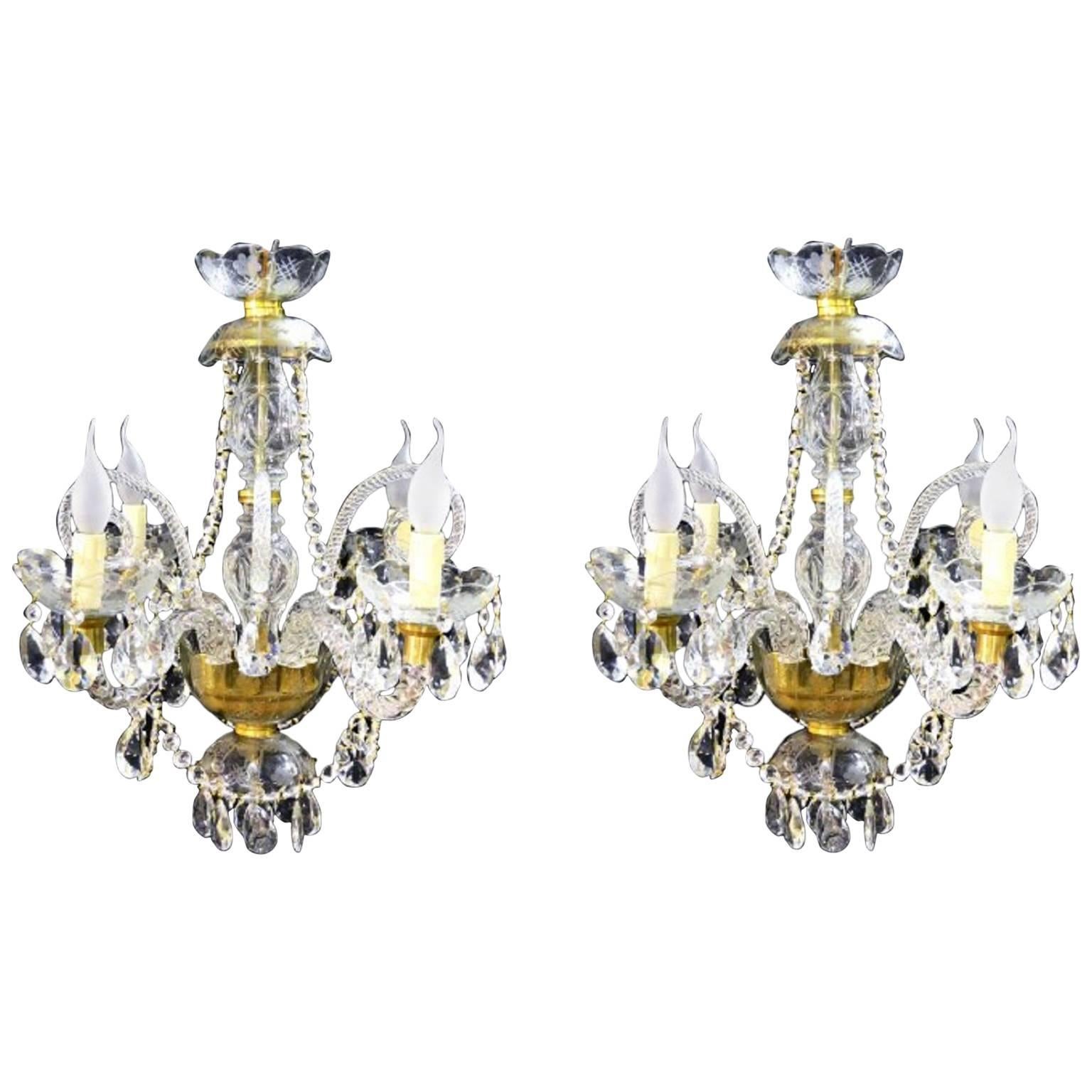 Pair of Vintage Venetian Four-Light Crystal Chandeliers