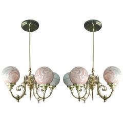 Antique Pair of Edwardian Brass and Coloured Glass Five-Arm Chandeliers