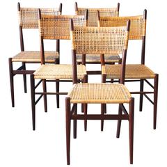 Mid-Century Teak and Basketwork Chairs, Set of Five