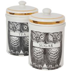Retro Fornasetti Porcelain Owl Canisters Tea and Sugar, Mid Century 1950