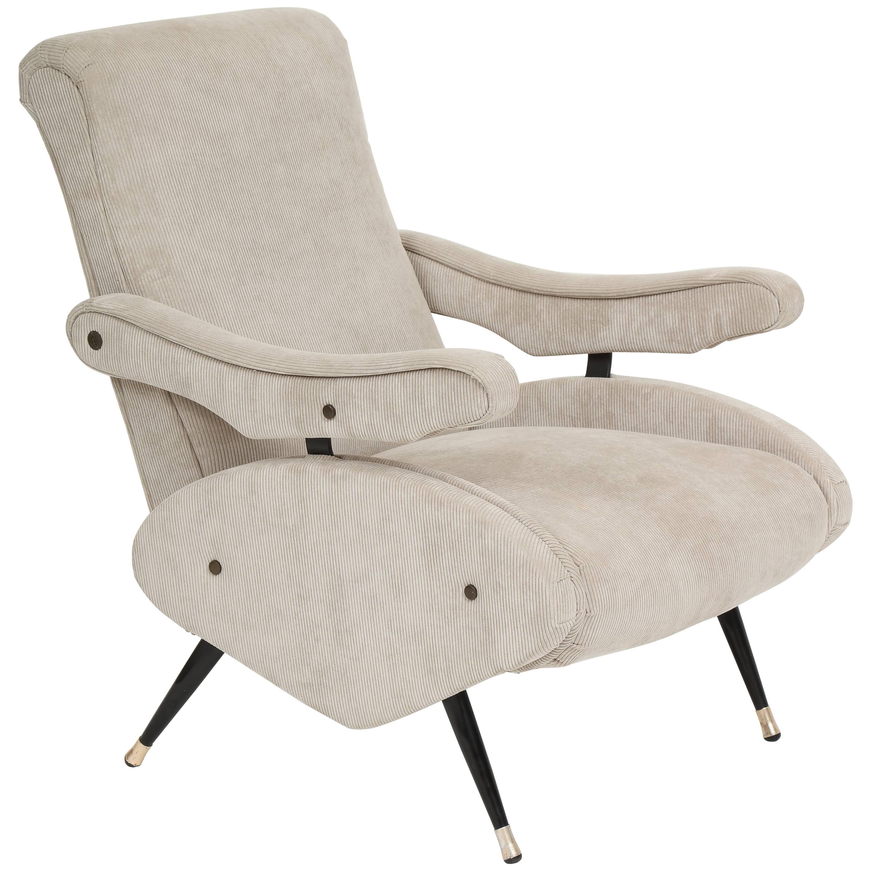 Marco Zanuso Style Grey Velvet Corduroy Lounge Chair  Mid Century, Italian, 1960