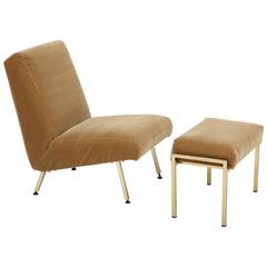 Vintage Motte Camel Mohair Chair and Ottoman Brass Legs Mid Century, France, 1960